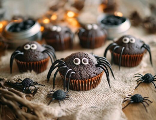 Schokoladenmuffins, die mit Lakritzbeinen und Augen dekoriert sind