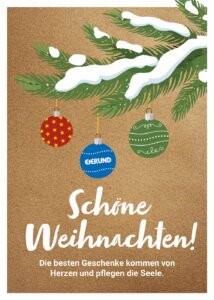 Braune Karte mit weihnachtlichen Motiven und der Aufschrift "Schöne Weihnachten!"